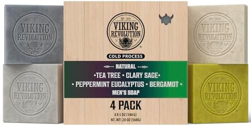 Viking Revolution Mens Bar Soap with Cold Pressed Essential Oils Tea Tree Clary Sage Peppermint Eucalyptus Bergamot - 4 